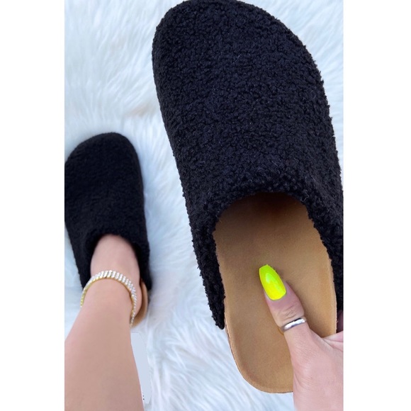 Shoes - Faux fur round cork slip on slippers sandals